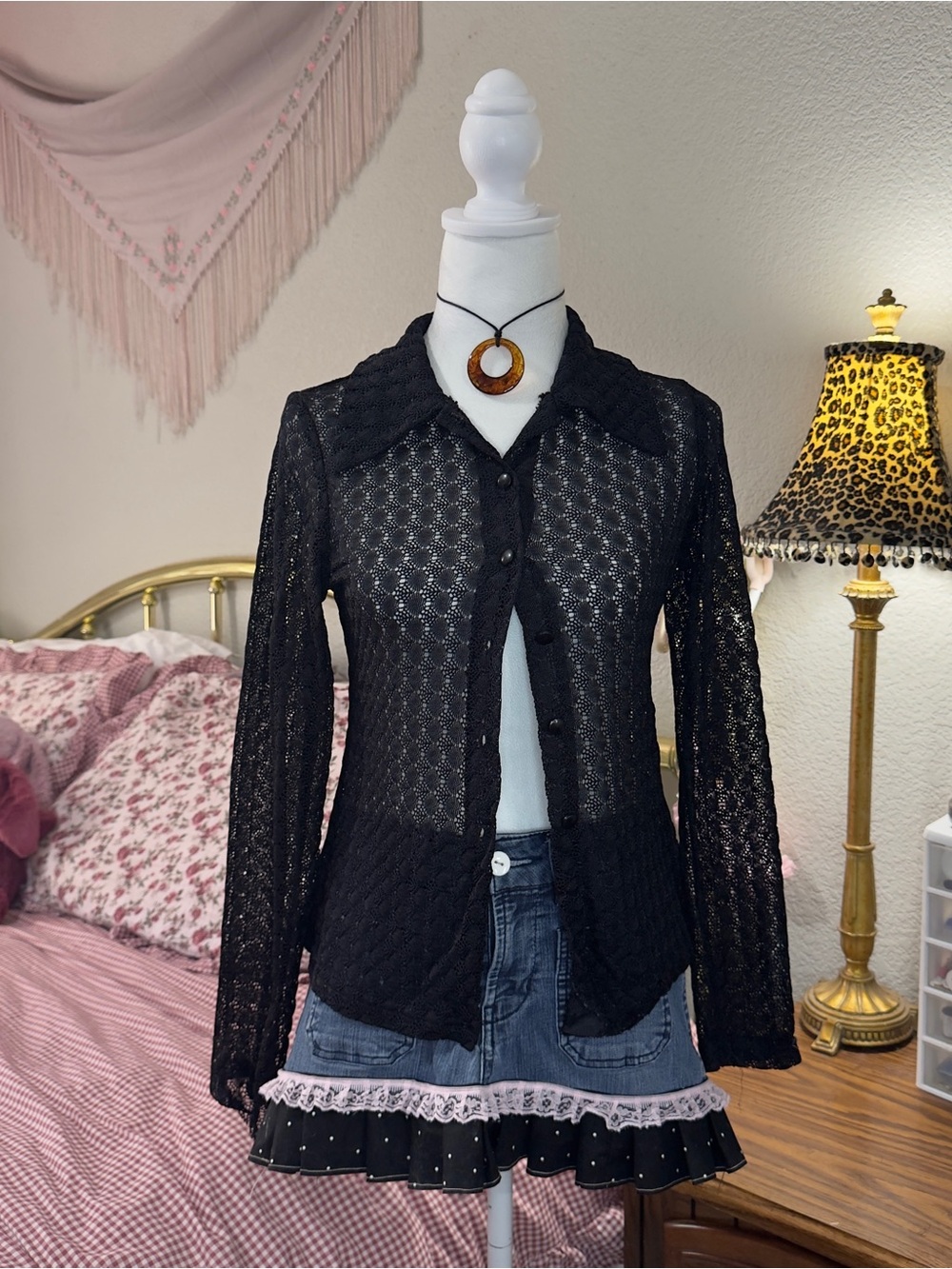Y2K Black Sheer Knit Button-Up Top